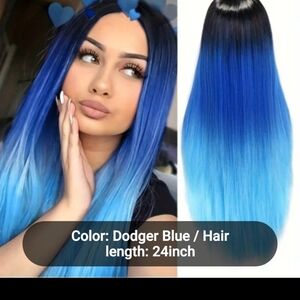 NEW BLUE MIXED COLOR STRAIGHT LONG HAIR SYNTHETIC OMBRE BLUE PART WIG LENGTH 24"